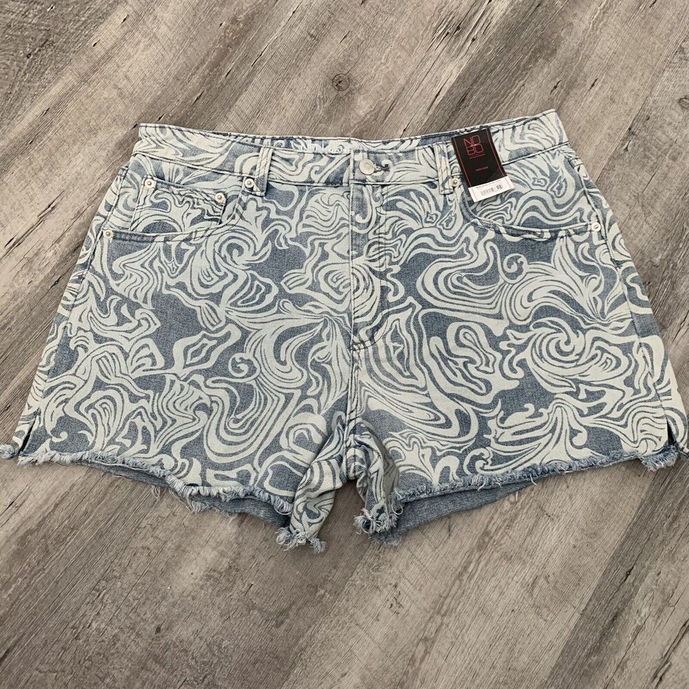 No Boundries Shorts High Rise Destructed Midi Denim Juniors 15 Swirl Raw Hem NEW